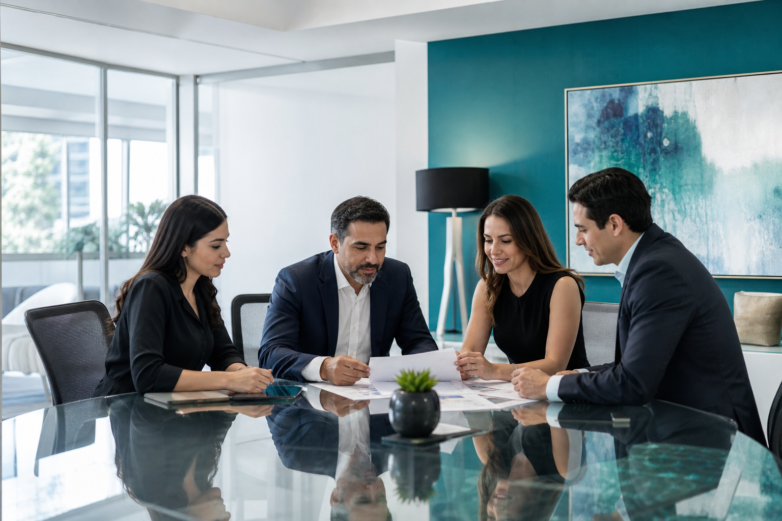 Equipo empresarial en sesión de trabajo administrativo